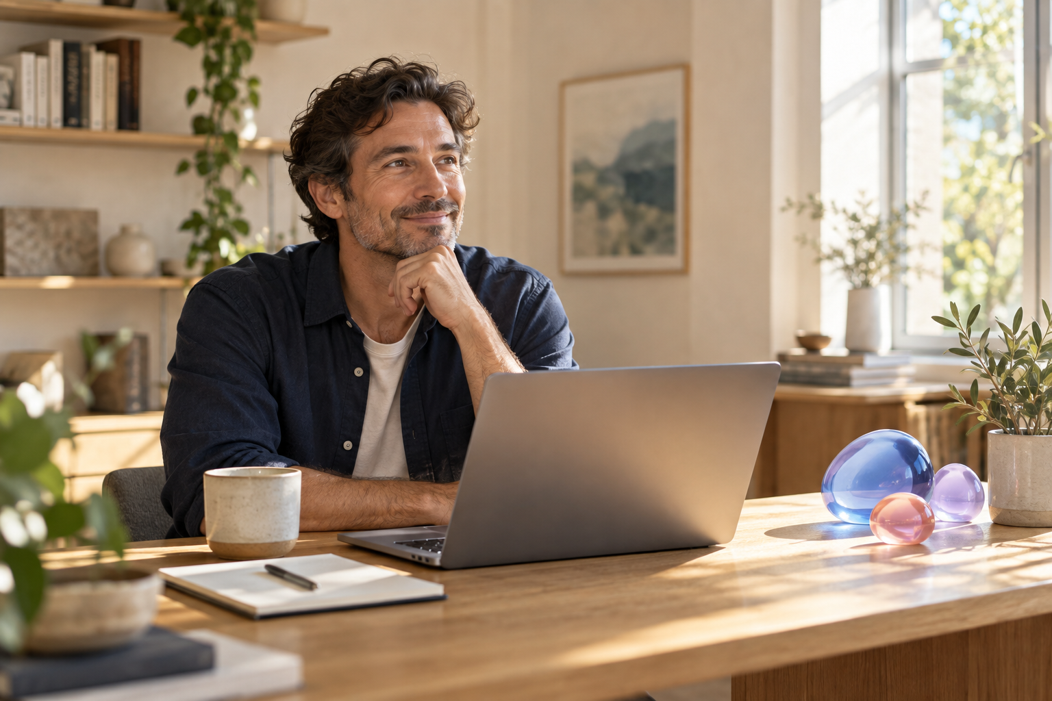 Illustration of a service business owner enjoying a calmer moment at his desk